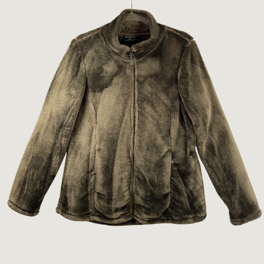 32 Degrees Heat Womens Plush Faux Fur Full Zip Jacket Olive Green Medium